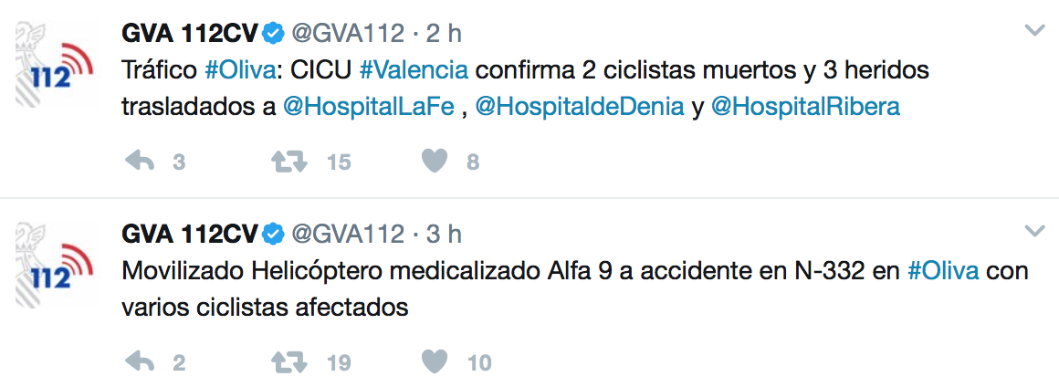 Dos ciclistas muertos y tres heridos tras ser atropellados en Oliva por una conductora ebria